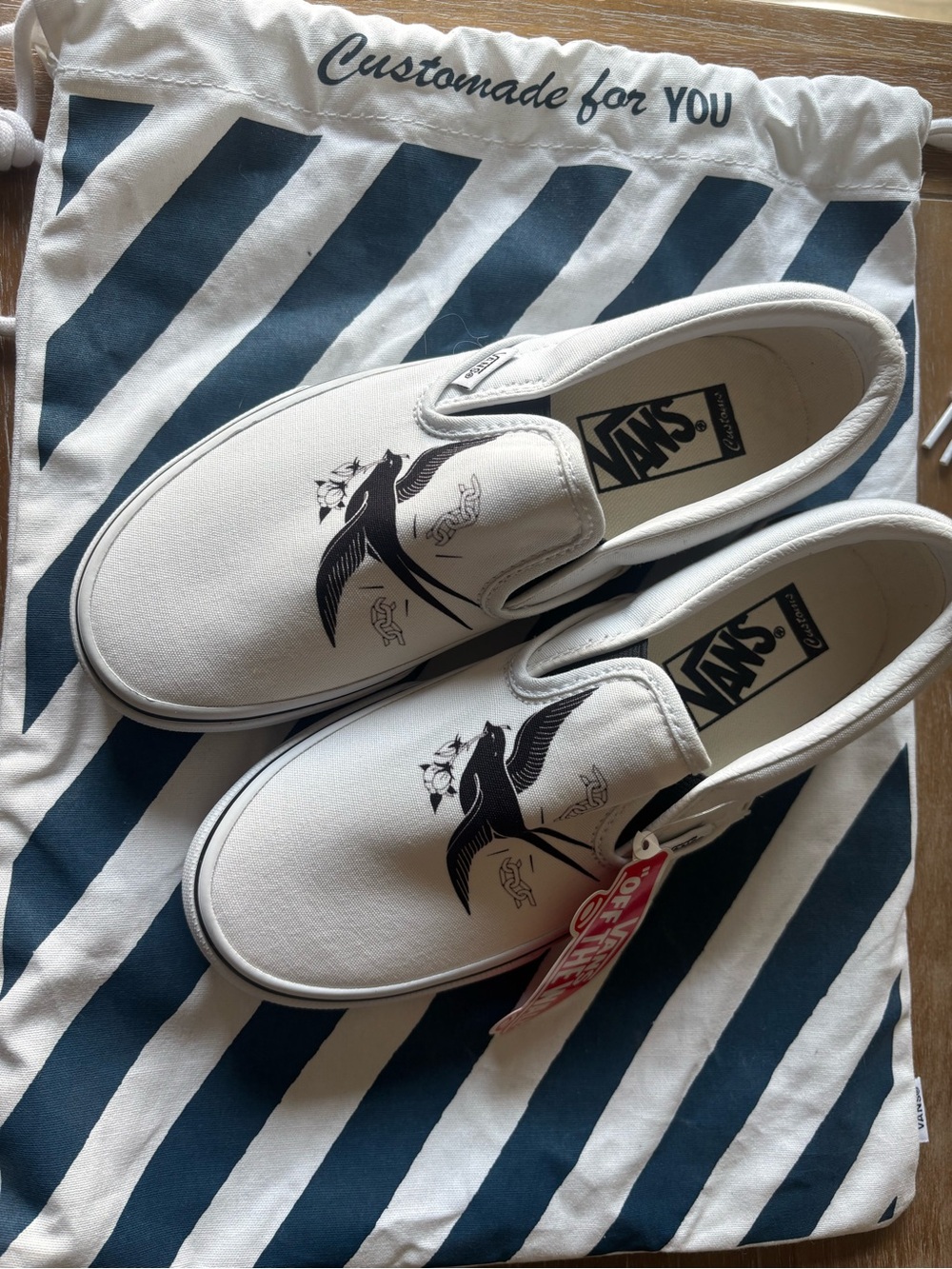 Custom Vans Classic Slip-On White Canvas Shoes with Black Graphic
